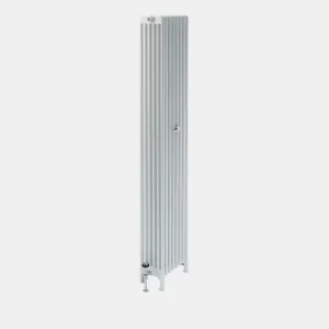 Tall, narrow Florence 6 Column steel radiator in white on feet, with a chrome valve at the base and a wall stay halfway up.