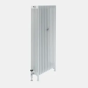 Tall Florence 6 Column steel radiator in white on feet, with a chrome valve at the lower left and a wall stay on the front, on a plain background.
