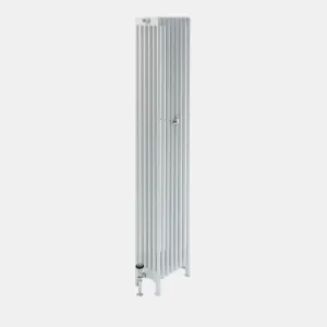 Tall, plain white Florence 6 Column steel radiator on feet, with a chrome valve at the bottom left and a wall stay halfway up.