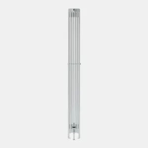 Tall Florence 6 Column steel radiator in white, seen from the side on feet, with a valve at the base and a stay at mid-height.