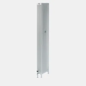 Tall, narrow plain white Florence 6 column steel radiator on feet, with a chrome valve at the base and a wall stay halfway up.