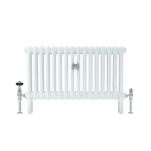 Plain white Florence 2 Column steel radiator on feet, with a chrome thermostatic valve on the left and a chrome lockshield valve on the right.