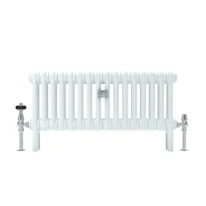 Florence 2 Column 400mm steel radiator in white on feet, with a chrome thermostatic valve on the left and a chrome valve on the right.