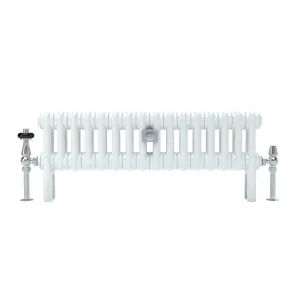 Low Florence 2 Column 300mm steel column radiator in white on feet, with chrome angled valves and a central wall stay, front view.