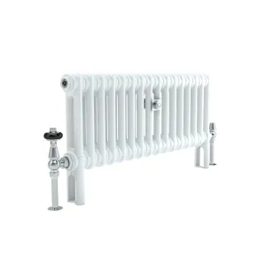 Low white Florence 2 Column steel radiator on feet, with a chrome thermostatic valve, chrome lockshield valve and a central wall stay.