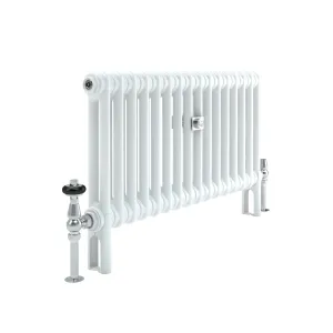 Florence 2 Column 500mm steel column radiator in white on feet, with a chrome thermostatic valve, lockshield valve and wall stay.