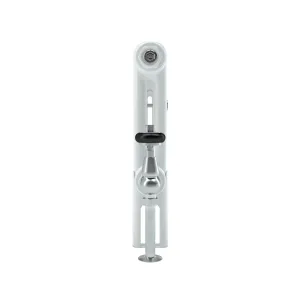 Side view of a white Florence 2 column steel radiator with a chrome valve, black handwheel and floor-fixed pipe on a white background.