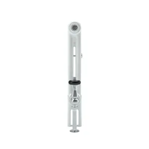 Side view of a white Florence 2 Column 500mm steel column radiator with a chrome angled valve, black handwheel and floor-mounted pipe.