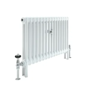 Florence 2 column steel radiator in white on short feet, with a chrome thermostatic valve and lockshield, plus a central wall stay.