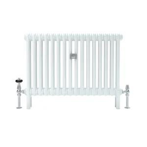 Florence 2 Column 600mm steel column radiator in white on feet, with chrome angled valves, one with a black thermostatic head, front view.