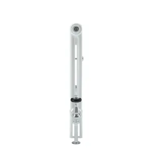 Side view of a white Florence 2 column steel radiator with a chrome angled valve with black handwheel, a bleed valve and a floor pipe shroud.