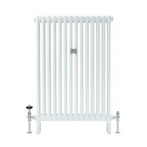 Florence 2 Column 1000mm steel column radiator in white on feet, with chrome thermostatic and lockshield valves, front view.