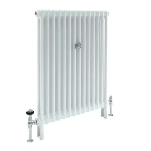 Florence 2 Column 1000mm steel column radiator in white on feet, with chrome valves and floor pipes, angled view on a white background.
