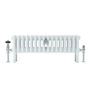 Low Florence 3 column steel radiator in white on feet, with chrome angled valves either side and a central wall stay, on a white background.