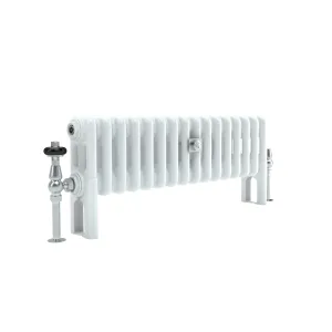 Low Florence 3 Column 300mm steel column radiator in white on feet, with a chrome thermostatic valve and lockshield, on a white background.