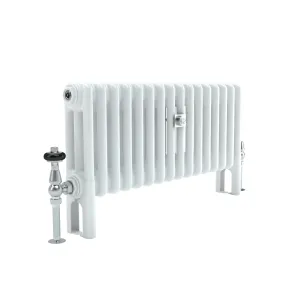 Florence 3 Column 400mm steel column radiator in white on feet, with a chrome thermostatic valve and a chrome wall stay, angled view.