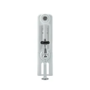 Side view of a white Florence 3 column steel radiator with a chrome angled valve with black handle, on a white background.