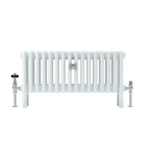 Low white Florence 3 Column steel column radiator on feet, with chrome thermostatic valve on the left and chrome lockshield on the right.