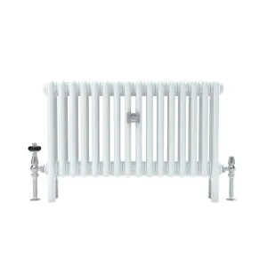 Florence 3 column 500mm steel column radiator in white on feet, with chrome thermostatic and lockshield valves, front view on white.