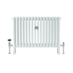 Florence 3 Column 600mm steel column radiator in white on feet, with chrome valves and a central wall stay, on a white background.