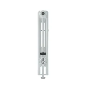 Side view of a white Florence 3 Column 600mm steel column radiator with a chrome valve and floor pipe, on a white background.