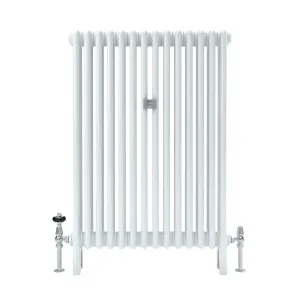 Florence 3 column 1000mm steel column radiator in white on feet, with chrome valves and a central wall stay, on a white background.
