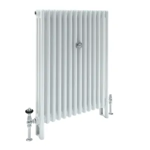 Florence 3 Column 1000mm plain white steel column radiator on feet, angled view, with chrome valves at each end and a central chrome wall stay.
