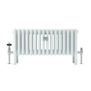 Florence 4 Column 400mm steel column radiator in white on feet, with chrome thermostatic and lockshield valves, on a white background.