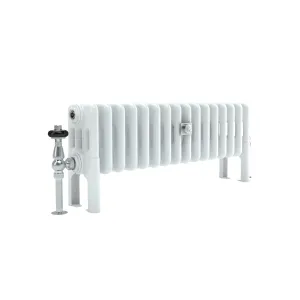 Low plain Florence 4 column steel radiator in white on feet, with a chrome angled valve with black head and a chrome wall stay, angled view.