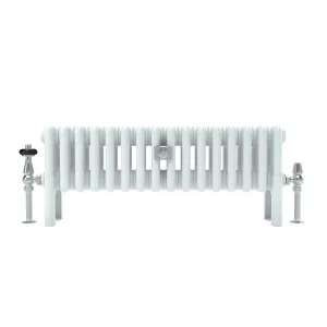 Low Florence 4 Column 300mm steel column radiator in white on feet, with chrome valves at each end and a central wall stay, front view.