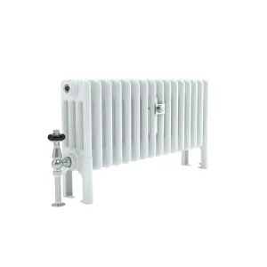 Florence 4 column 400mm steel radiator in white on feet, with a chrome thermostatic valve and wall stay, on a white background.