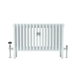 Florence 4 Column 500mm steel column radiator in white on feet, with a chrome thermostatic valve and lockshield, front view on white.