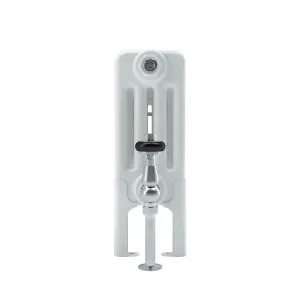 Side view of a white Florence 4 column 400mm steel radiator on feet, with a chrome angled valve and black handwheel on a floor pipe.