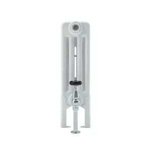 End view of a white Florence 4 Column steel radiator on feet, with a chrome angled valve and black-ringed head piped from the floor.