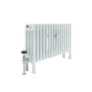 Florence 4 Column 500mm steel column radiator in white on feet, angled view, with a chrome thermostatic valve and black head.