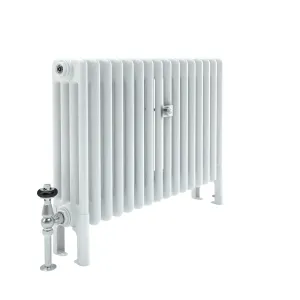 Florence 4 column steel radiator in white on feet, with a chrome thermostatic valve with black collar and a chrome wall stay, on white.