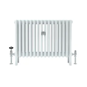 Florence 4 column steel radiator in white on integral feet, front view, with chrome valves on floor pipes and a central wall stay.