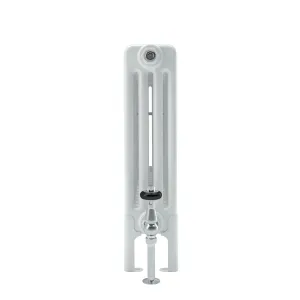 Side view of a Florence 4 Column 600mm steel column radiator in white on feet, with a chrome angled valve and black-ringed head.