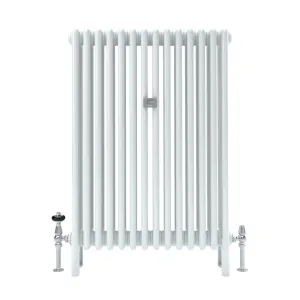 Florence 4 Column 1000mm steel column radiator in white on feet, with chrome valves at each end, shown front-on against a white background.