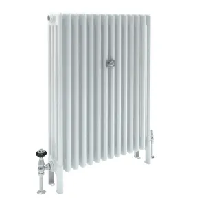 Florence 4 Column 1000mm steel column radiator in white on feet, angled view with chrome valves and a central wall stay, on a white background.