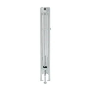 Side view of a white Florence 4 column steel radiator on feet, with a chrome valve at the base and a bleed valve at the top.
