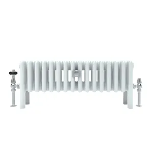 Low white Florence 5 column steel radiator on feet, front view, with chrome thermostatic and lockshield valves and a central wall stay.