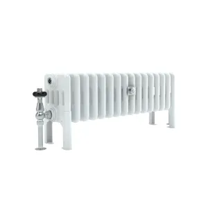 Low Florence 5 column steel radiator in white on feet, with a chrome angled valve with black head and a wall stay, on a white background.