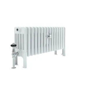 Florence 5 Column 400mm steel column radiator in white on feet, with a chrome thermostatic valve and black head, angled view on white.