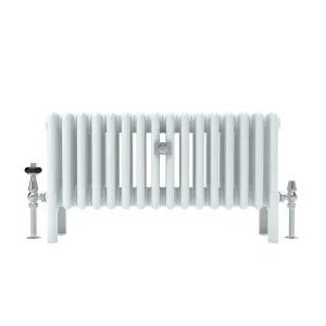 Florence 5 Column 400mm steel column radiator in white on feet, with chrome angled valves either side, on a white background.