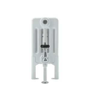 End view of a white Florence 5 Column 400mm steel radiator on feet, with a chrome angled valve, black head and floor pipe.