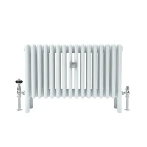 Florence 5 Column 500mm steel column radiator in white on feet, front view, with chrome valves at each end, on a white background.