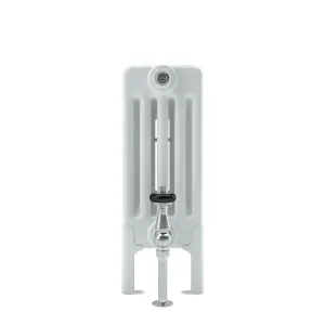End view of a white Florence 5 column steel radiator on feet, with a chrome valve with black collar and a pipe running down to the floor.