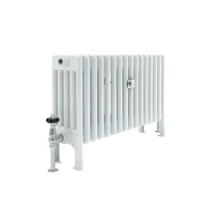 Florence 5 Column 500mm steel column radiator in white on feet, angled view, with a chrome thermostatic valve and wall stay.