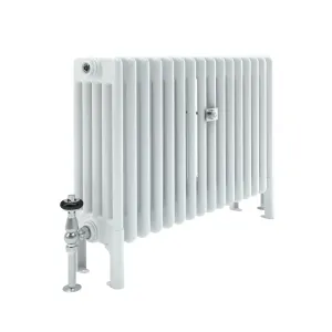 Florence 5 Column 600mm plain steel column radiator in white on feet, with a chrome thermostatic valve and wall stay, on a white background.